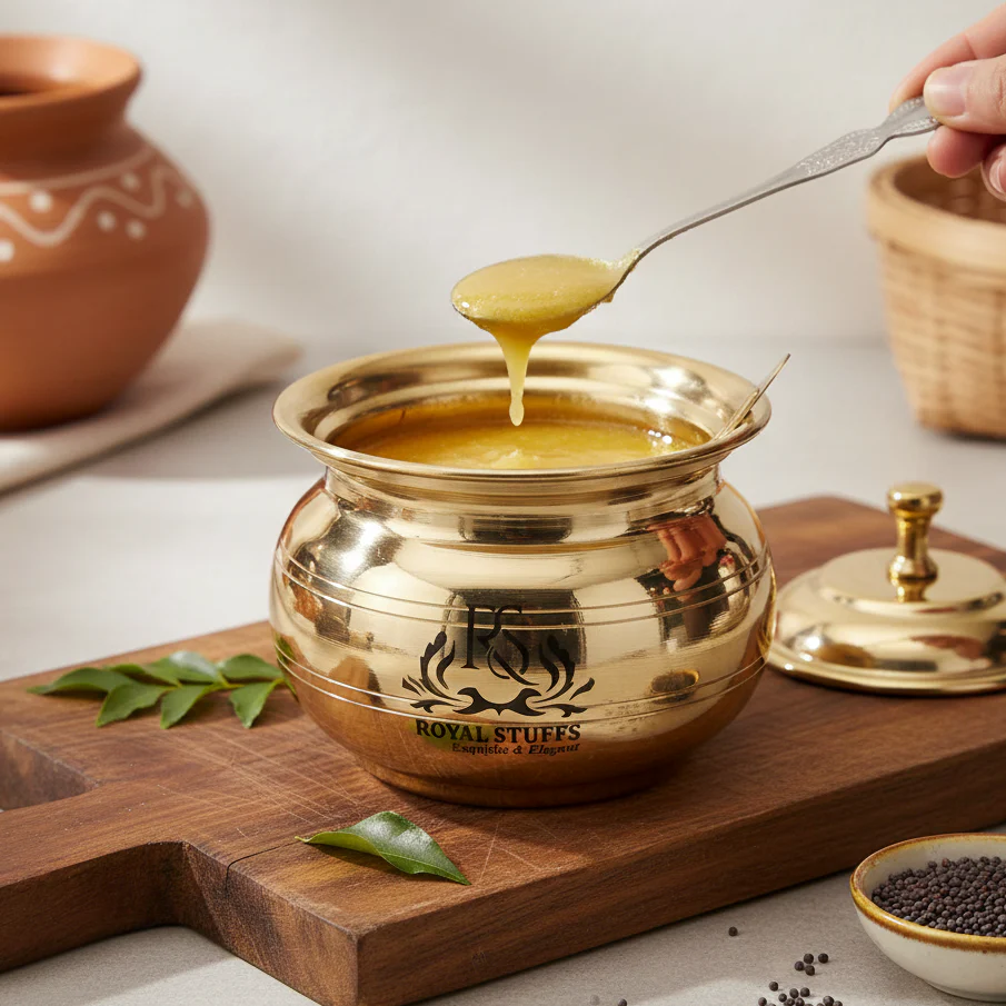 Pure Brass Ghee Pot with Lid and Spoon – Traditional Oil Container (250 ML)