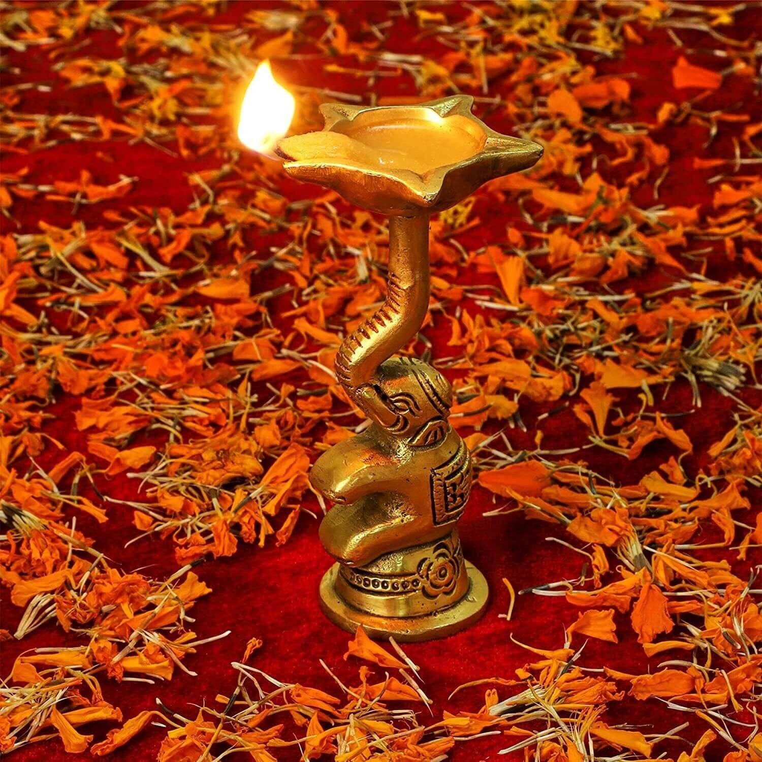 Pair of Elephant Design Handmade Brass Oil Diya Set – Ethnic Decorative Lamps