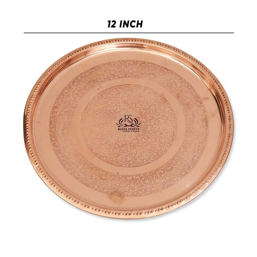 Handmade Pure Copper Plate 12 Inch – Embossed Round Serving & Dining Plate