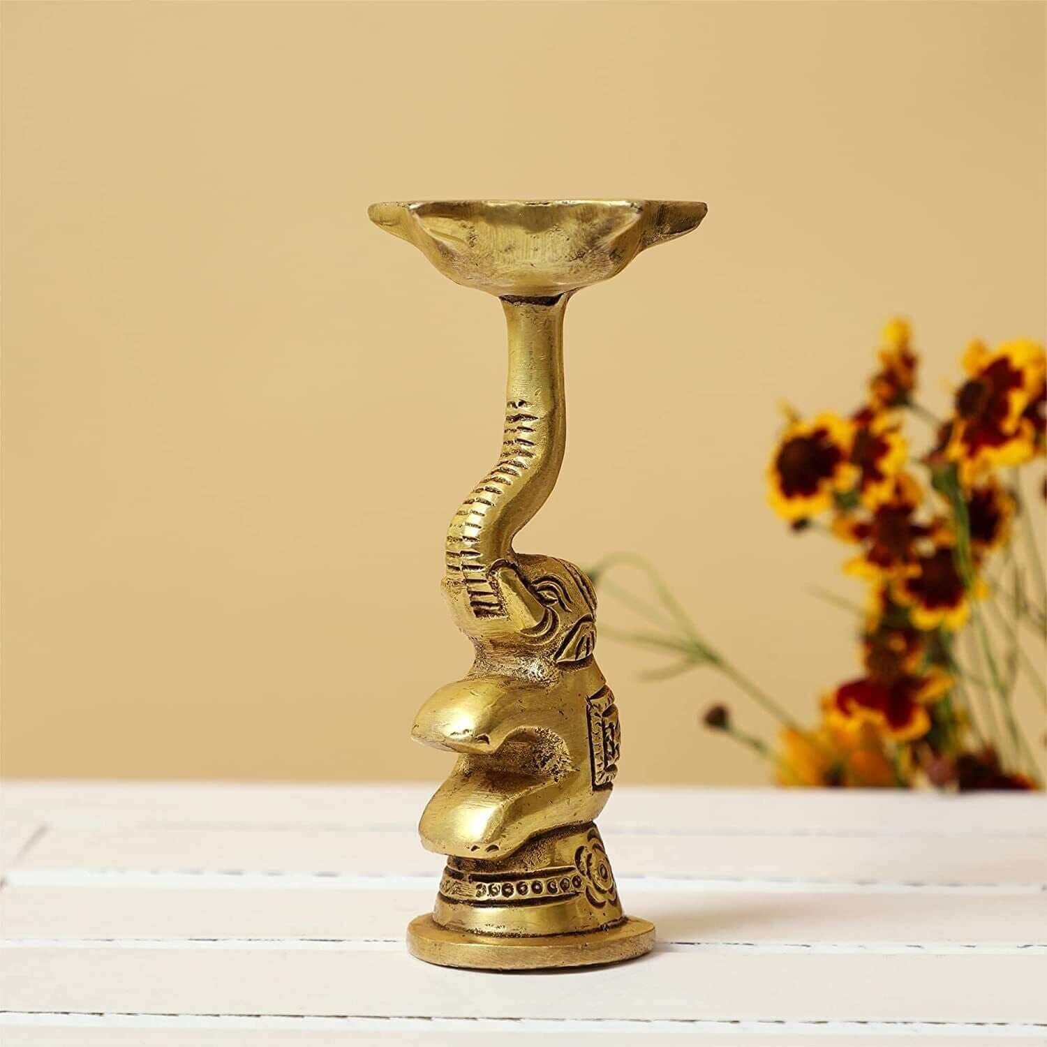 Pair of Elephant Design Handmade Brass Oil Diya Set – Ethnic Decorative Lamps