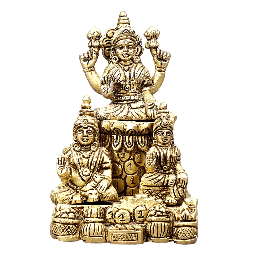 Brass Lord Kubera with Goddess Lakshmi and Riddhi Idol – Handmade Sacred Murti