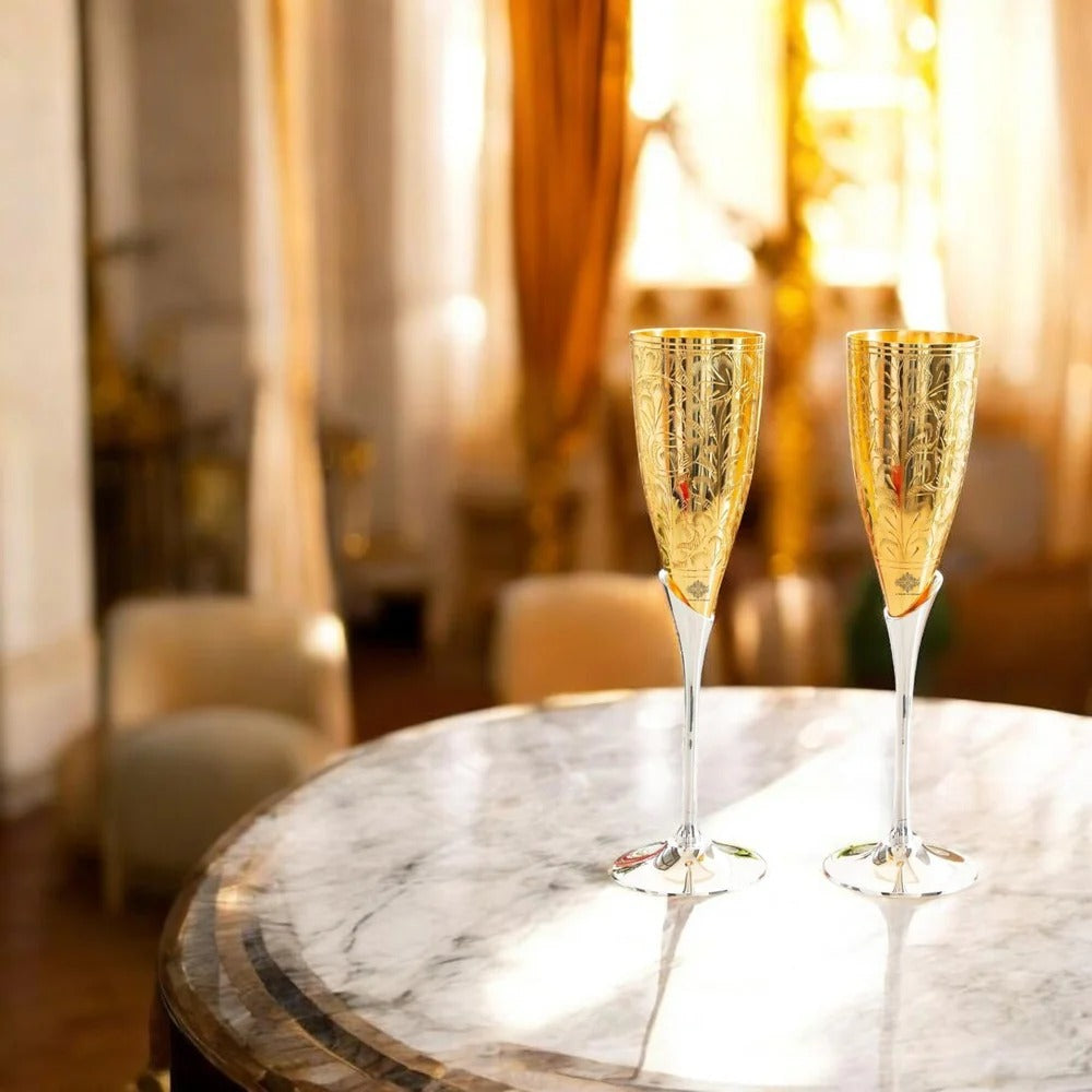 Set of 2 Gold Plated Brass Wine Glasses – Elegant Champagne Flute Goblets
