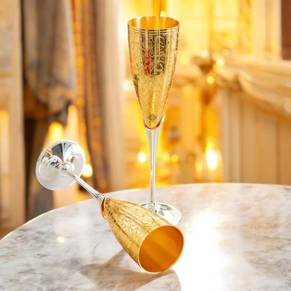 Set of 2 Gold Plated Brass Wine Glasses – Elegant Champagne Flute Goblets