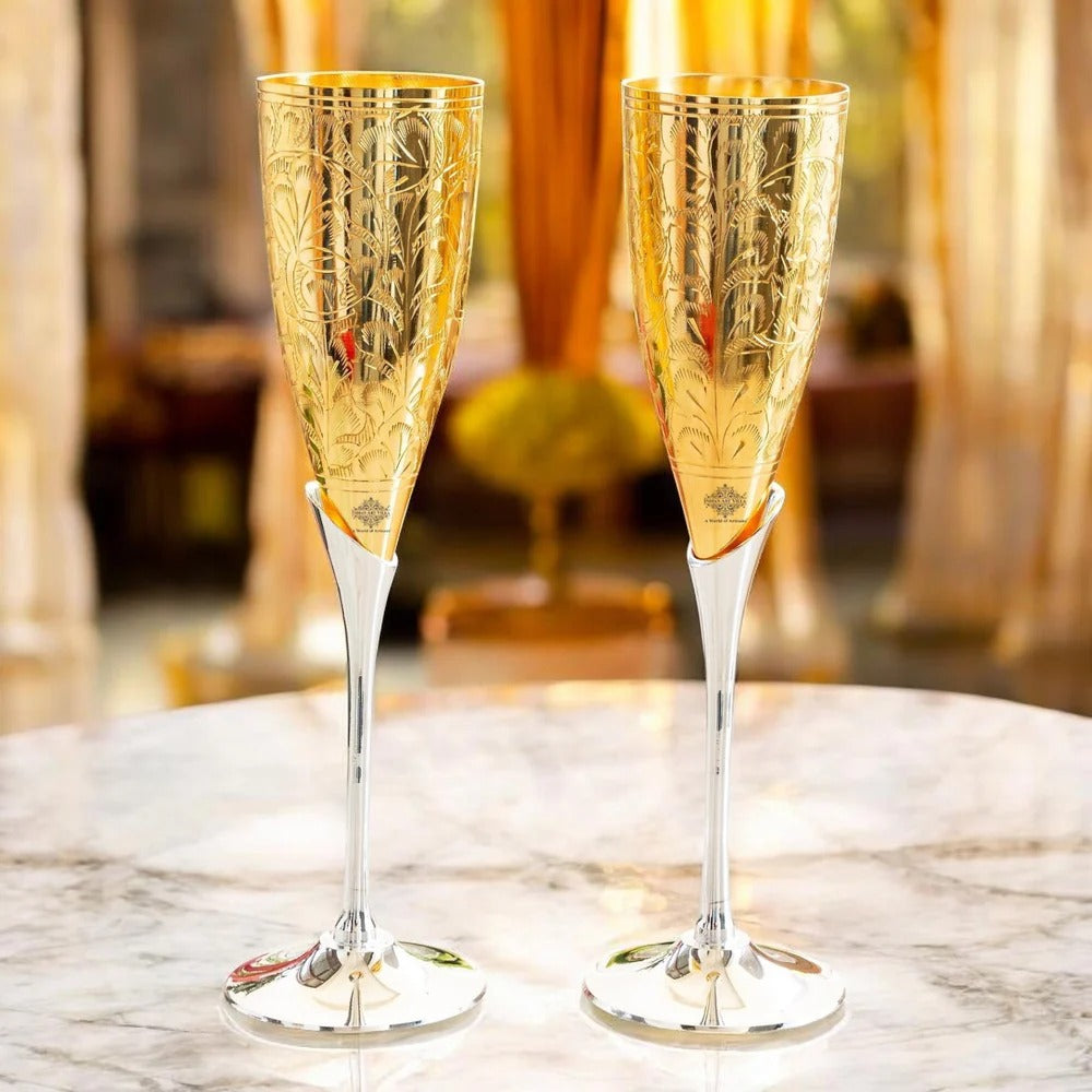 Set of 2 Gold Plated Brass Wine Glasses – Elegant Champagne Flute Goblets