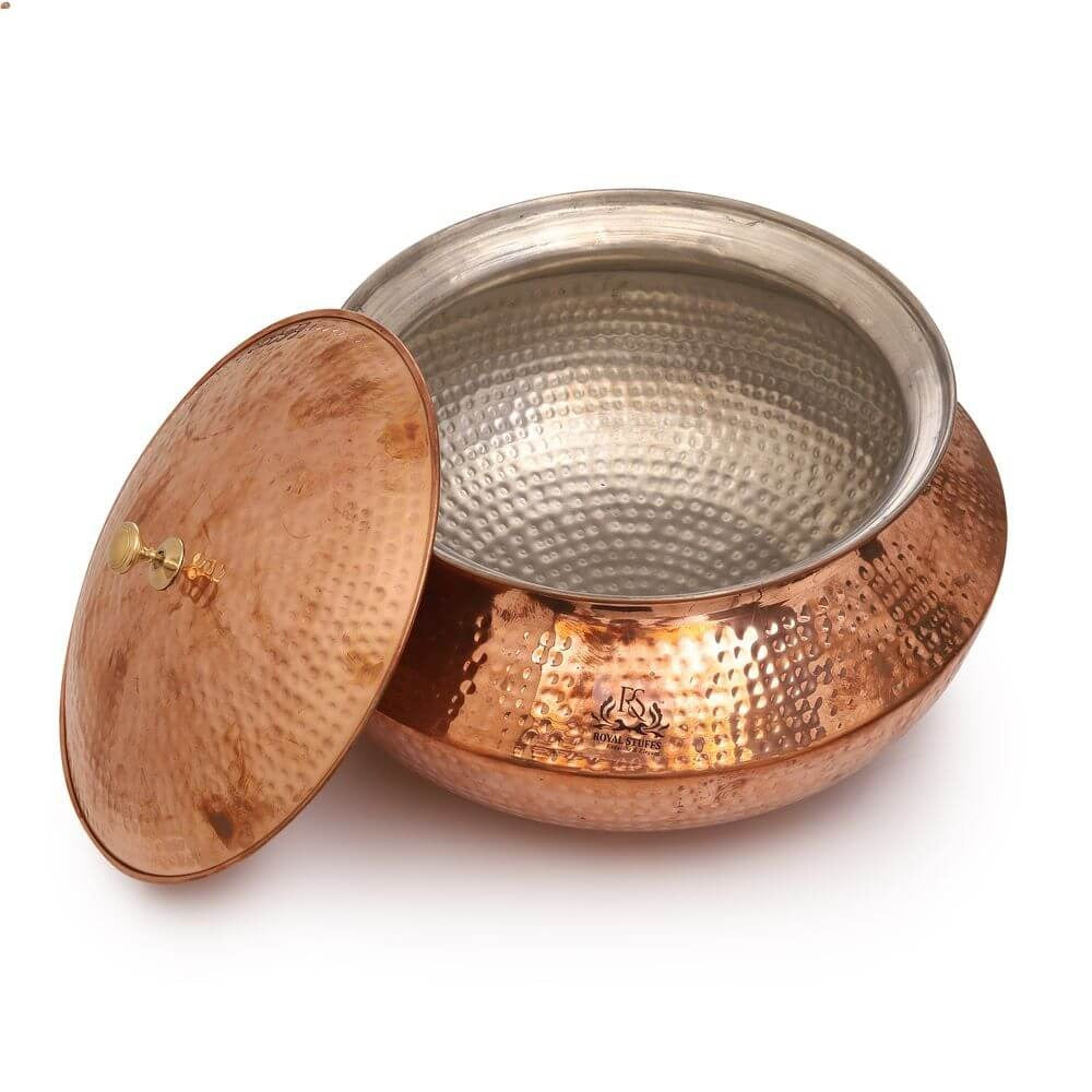Hammered Copper Handi with Tin Lining – Traditional Cooking Pot with Lid (15 Inch)