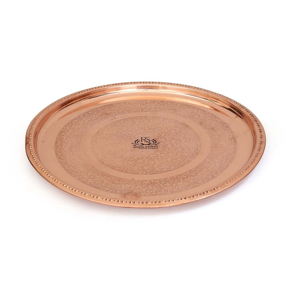 Handmade Pure Copper Plate 12 Inch – Embossed Round Serving & Dining Plate