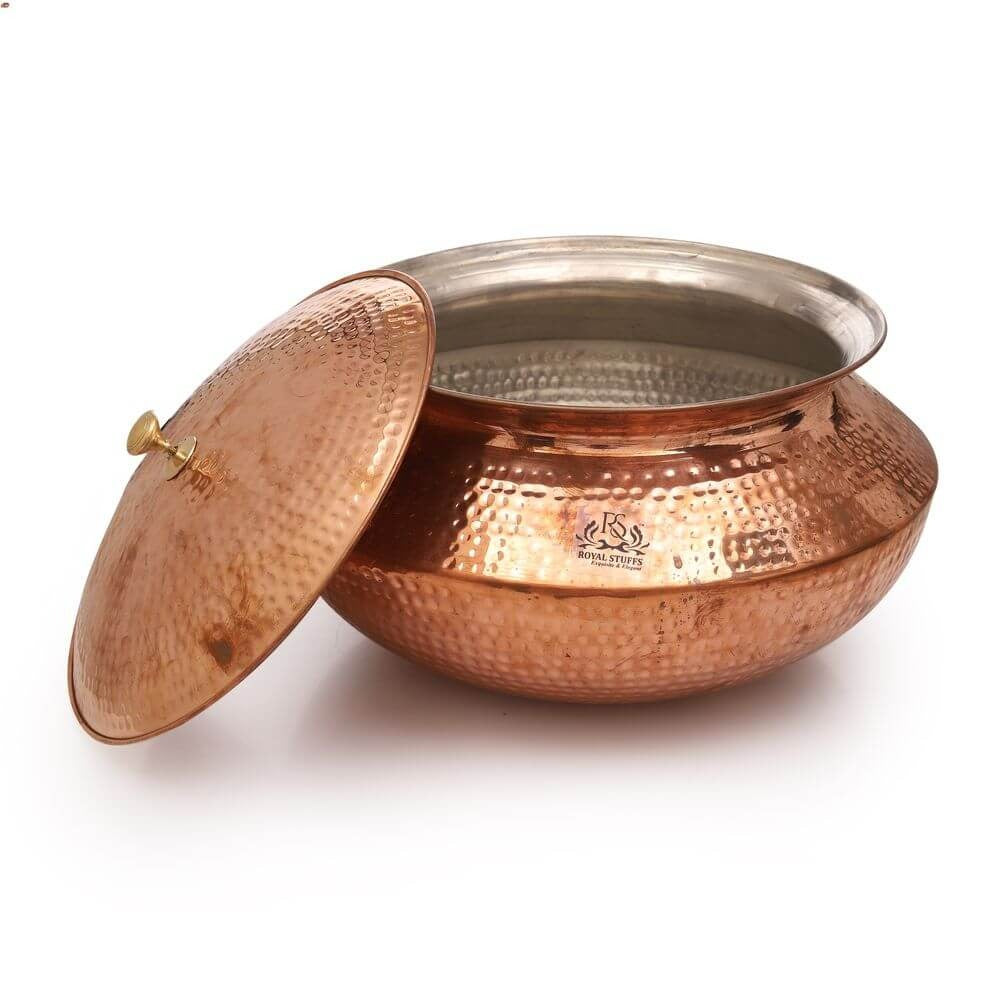 Hammered Copper Handi with Tin Lining – Traditional Cooking Pot with Lid (15 Inch)
