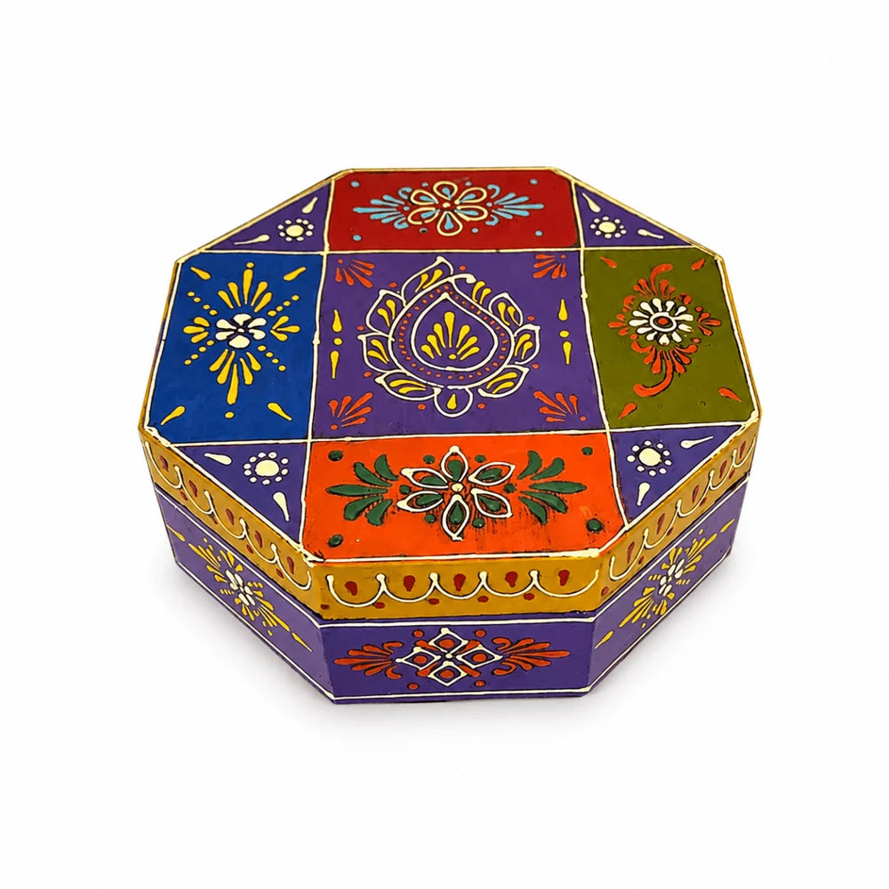 India Wooden Masala Dabba Spice Box with Beautiful Mughal Painting