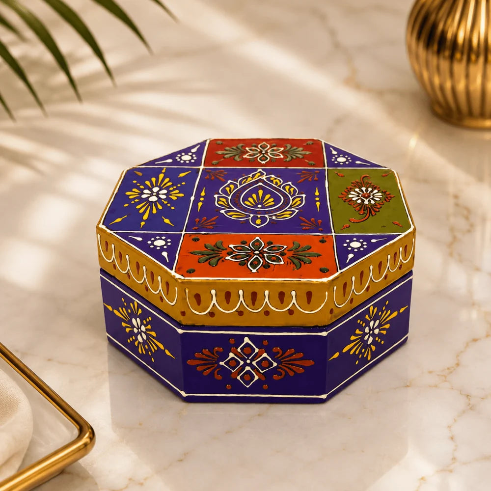 India Wooden Masala Dabba Spice Box with Beautiful Mughal Painting