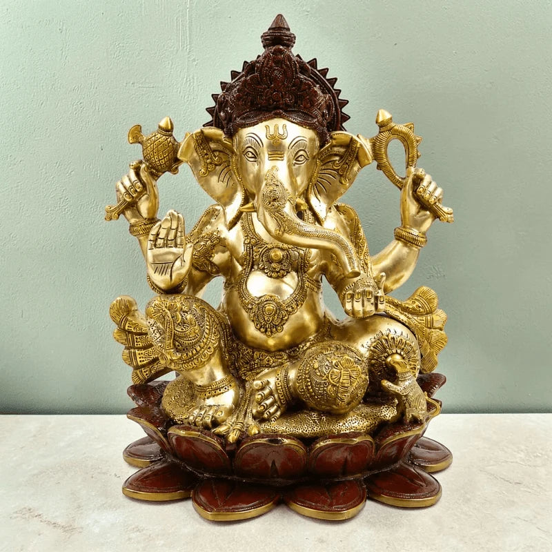 RoyalStuffs 22 Inch Large Brass Lord Ganesha Statue – Handmade Exotic Triple Chola Finish Ganpati Idol on Lotus