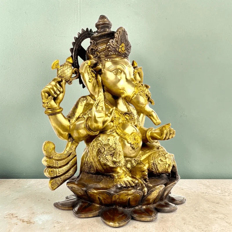 RoyalStuffs 22 Inch Large Brass Lord Ganesha Statue – Handmade Exotic Triple Chola Finish Ganpati Idol on Lotus