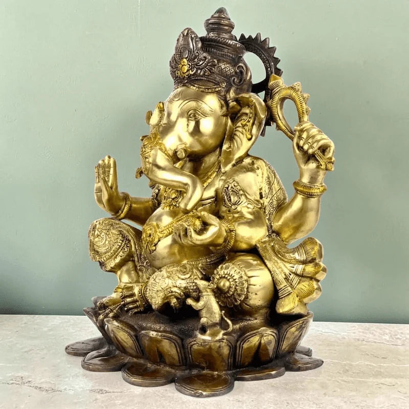 RoyalStuffs 22 Inch Large Brass Lord Ganesha Statue – Handmade Exotic Triple Chola Finish Ganpati Idol on Lotus