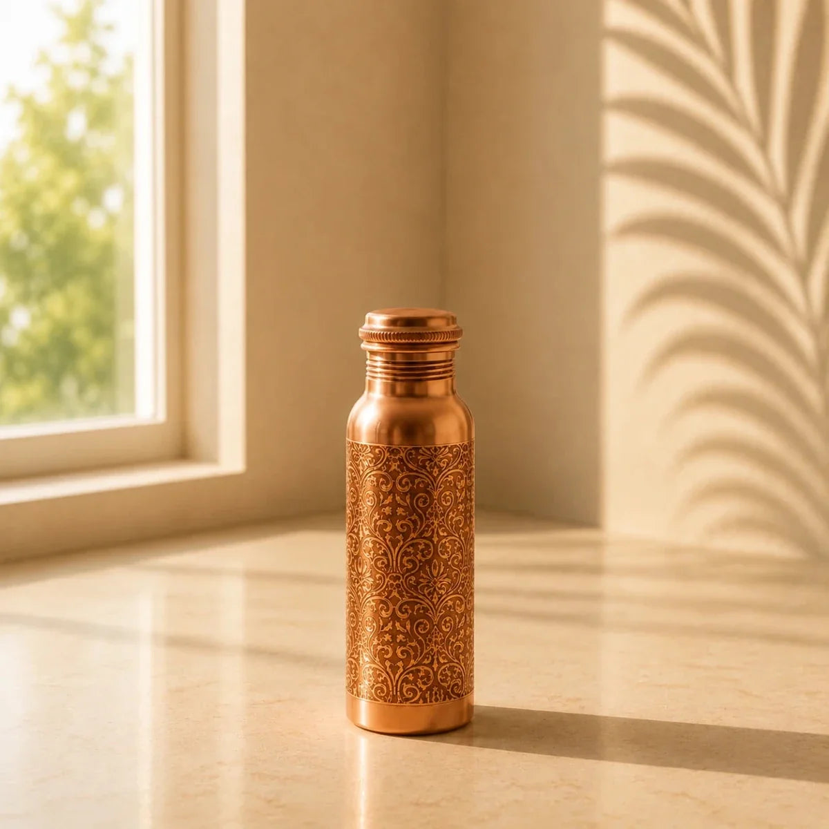 RoyalStuffs Laser Etching Antique Pure Copper Water Bottle – 1 Litre Engraved Copper Bottle