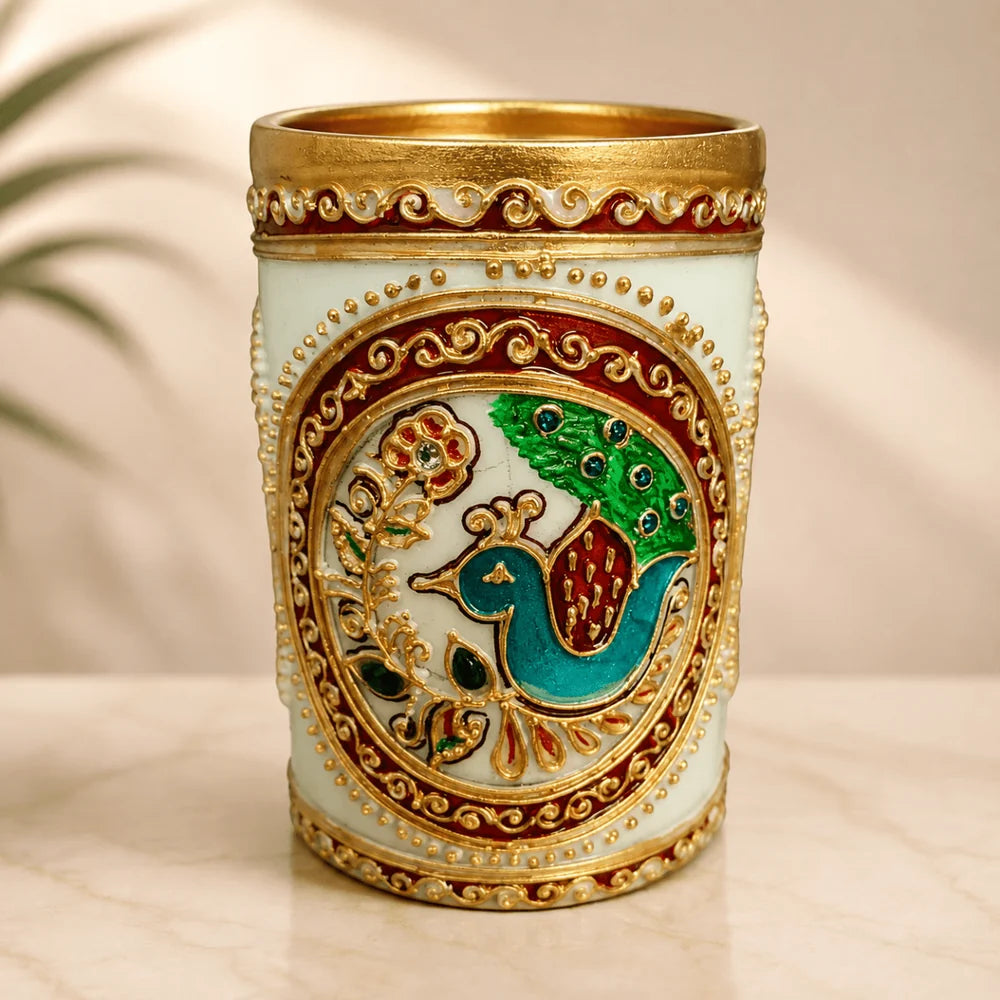 Little India Gold Meenakari Mayur Design White Marble Pen Stand, White,Weight:365 Gram