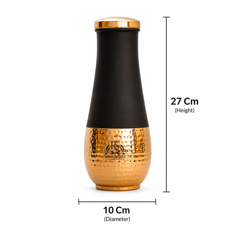 RoyalStuffs Pure Copper Bedroom Water Bottle with Inbuilt Glass – Brown Silk Hammered Surahi Carafe (1600 ML)