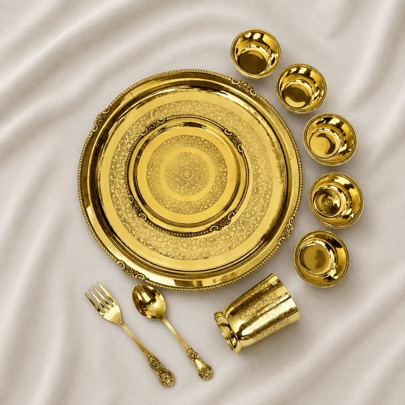 Maharaja 10 Pcs Brass Dinner Set – Etched Gold Pital Dinnerware