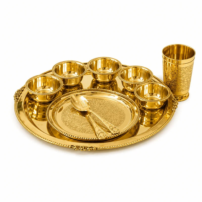 Maharaja 10 Pcs Brass Dinner Set – Etched Gold Pital Dinnerware
