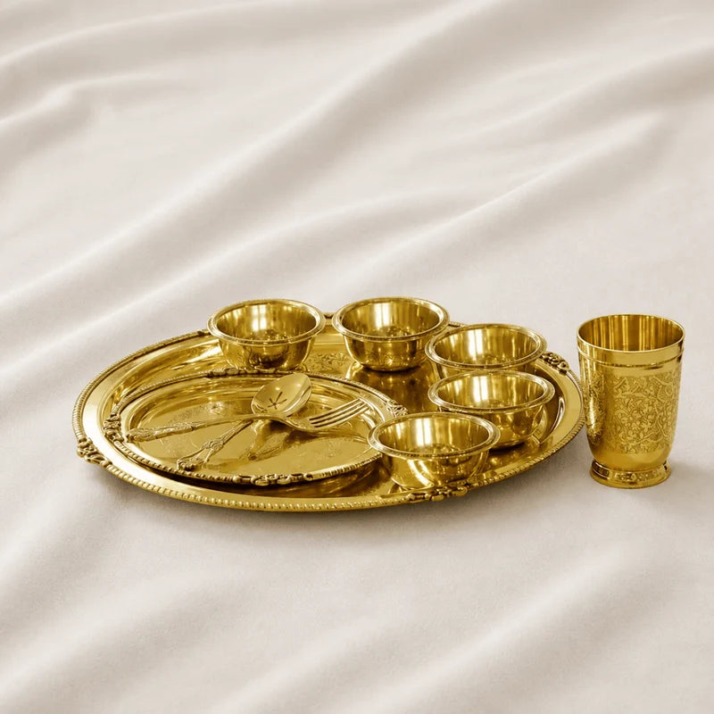 Maharaja 10 Pcs Brass Dinner Set – Etched Gold Pital Dinnerware