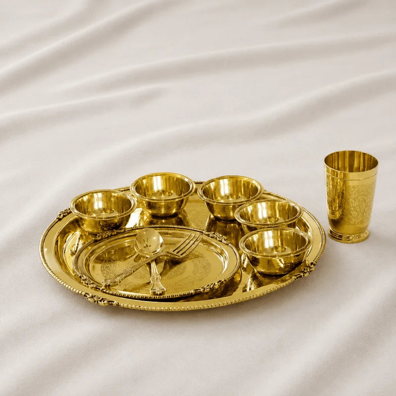 Maharaja 10 Pcs Brass Dinner Set – Etched Gold Pital Dinnerware