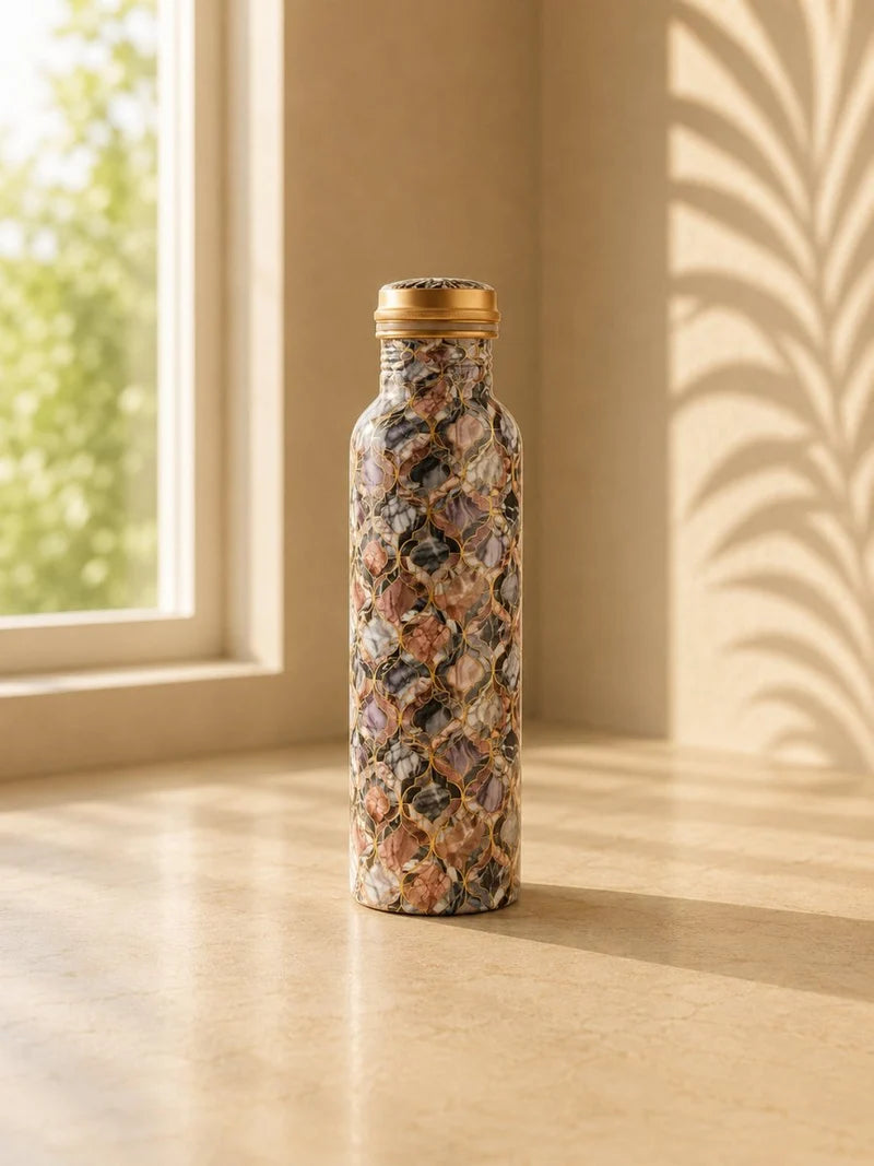 RoyalStuffs Pure Copper Vessel Meena Printed Water Bottle – Leak-Proof Ayurvedic Designer Drinkware (1000 ML)