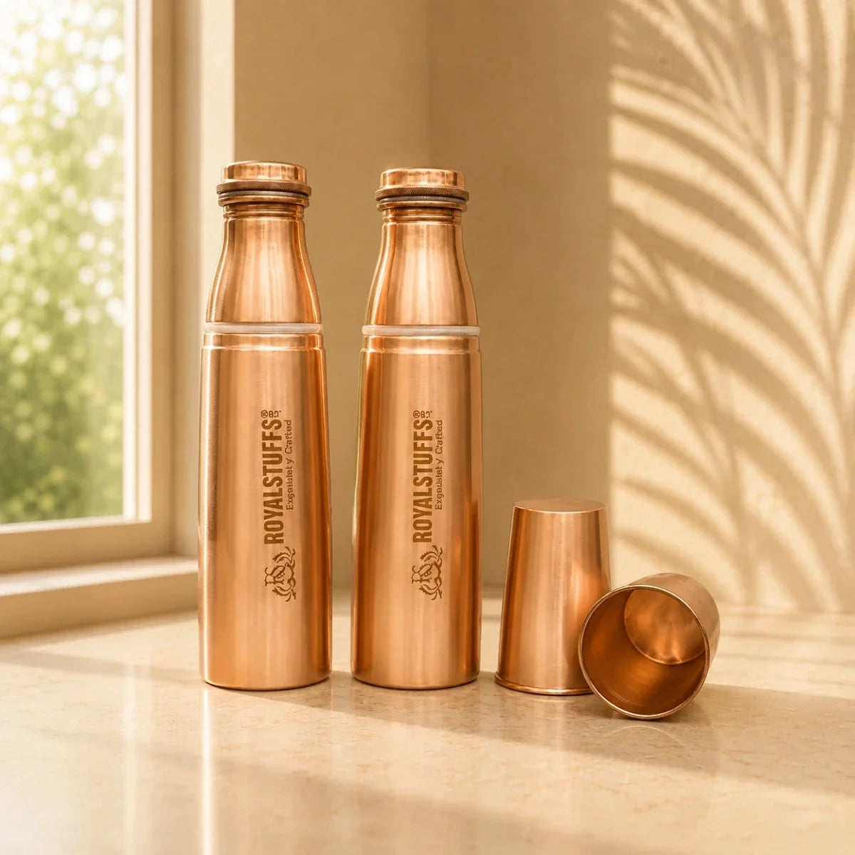 Pack of 2 Pure Copper Water Bottles – 1 Liter Extra Large Copper Drinkware Gift Set