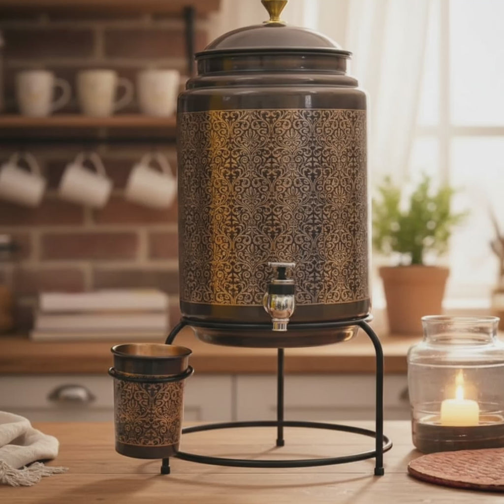 RoyalStuffs Copper Water Dispenser with Stand & Glass – 8 Liter Hammered Copper Water Tank