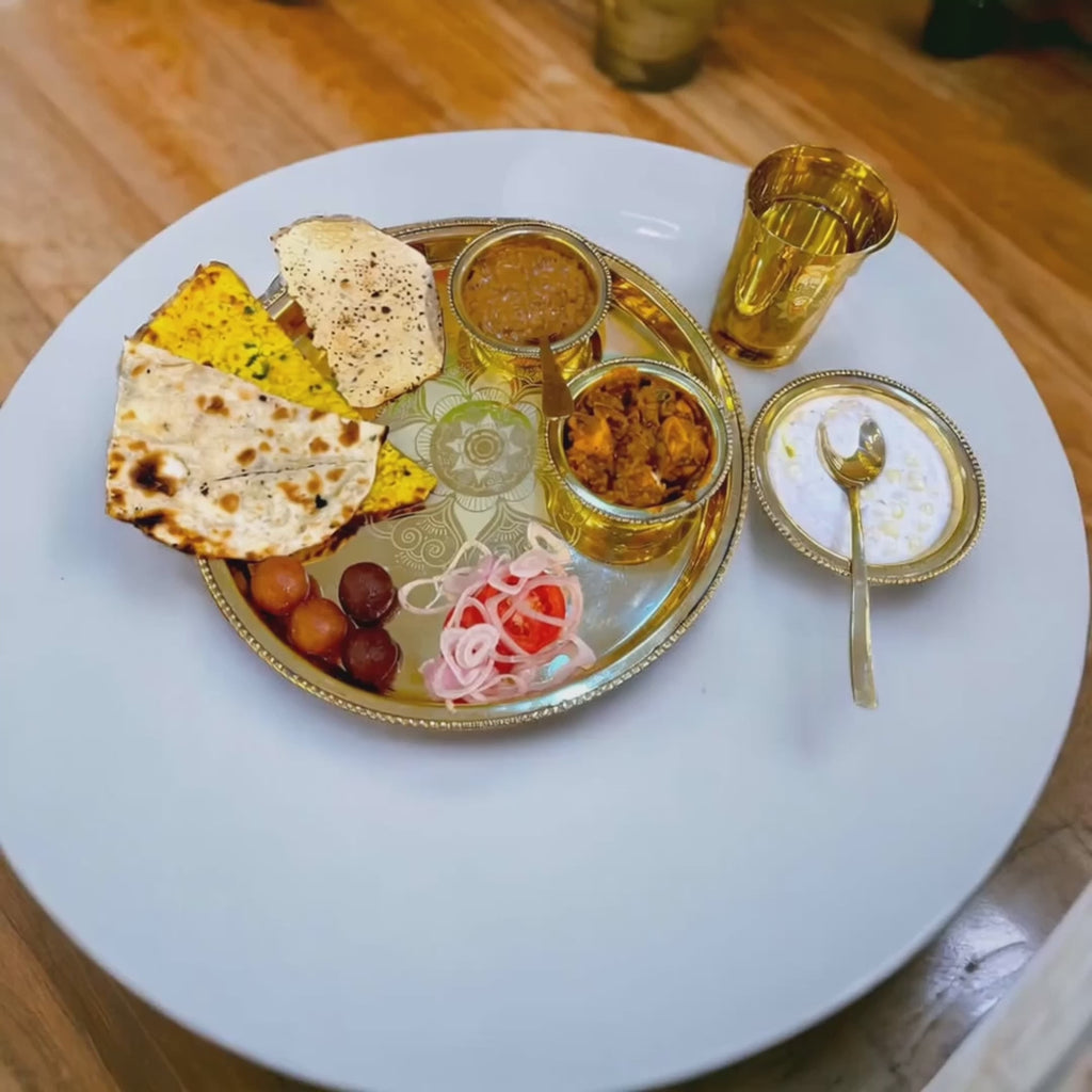 6 Piece Brass Thali Dinner Set – Premium Gold Finish Brass Dining Set with Thali, Bowls, Glass & Spoon
