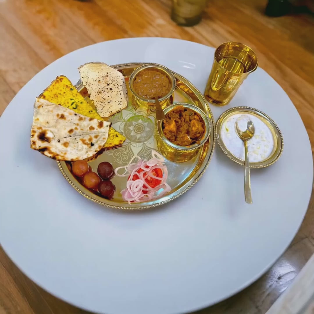 6 Piece Brass Thali Dinner Set – Premium Gold Finish Brass Dining Set with Thali, Bowls, Glass & Spoon