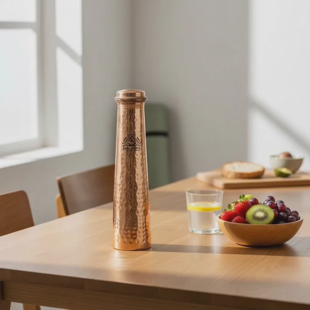RoyalStuffs Leak-Proof Pure Copper Hammered Bottle – Tower Shape Yoga & Sports Water Bottle (700 ML)