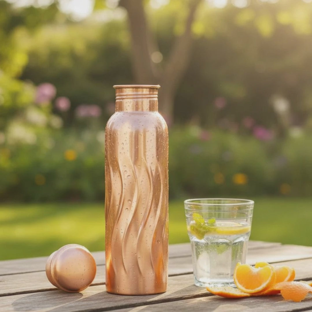 RoyalStuffs Wavy Designer Pure Copper Water Bottle – 1 Litre Modern Copper Hydration Bottle