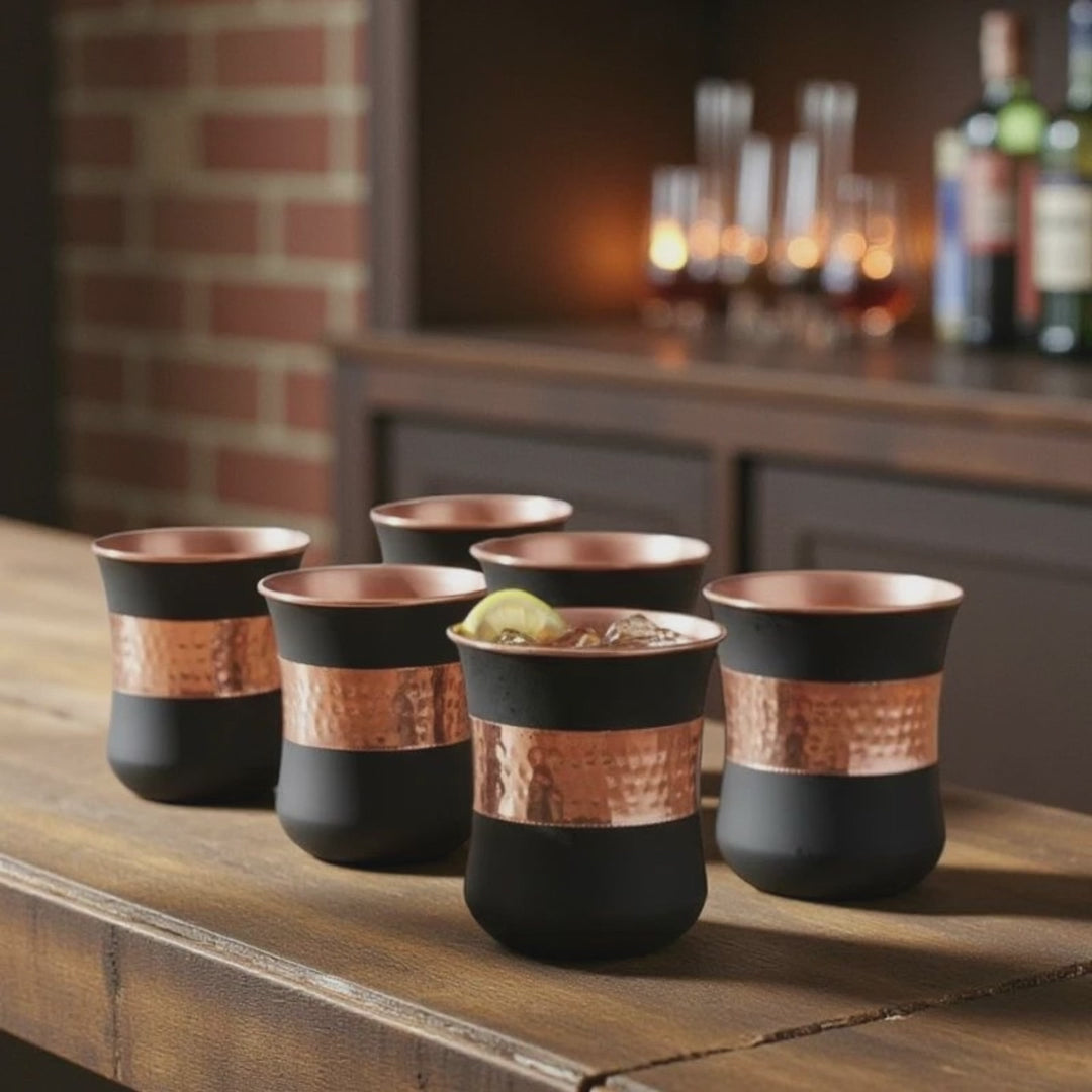 Silk Black Half Hammered Copper Tumbler Set – Pure Copper Water Glasses Set of 6 (250 ML)
