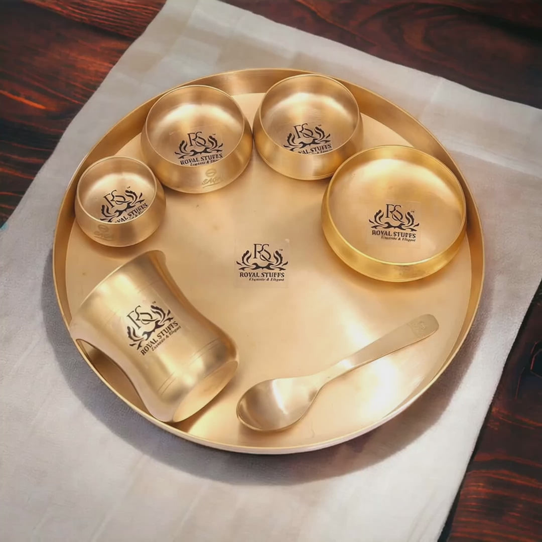 Curved Matt Finish Brass Thali Set – 7 Piece Dinner Set with Bowl, Glass & Spoon