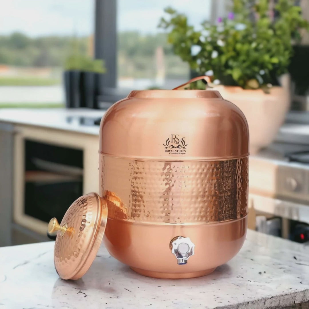 12 Liter Pure Copper Water Dispenser with Hammered Design – Premium Copper Storage & Serving Tank