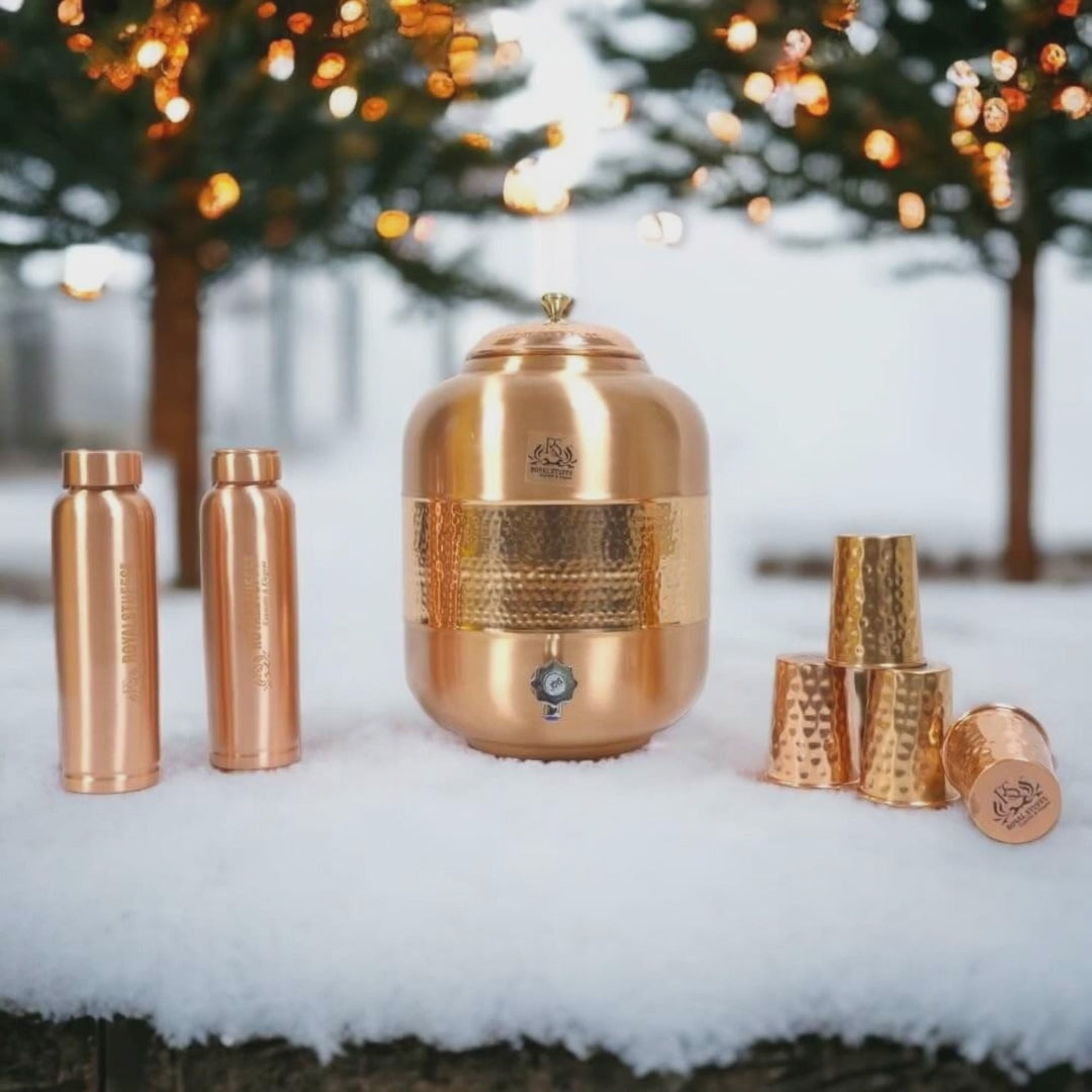 RoyalStuffs Pure Copper Water Dispenser Set – Hammered 8 Liter Copper Storage Tank with 4 Tumblers & 2 Bottles