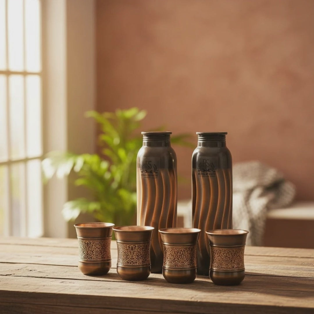 Pure Copper Lehar Water Bottle Set with 4 Tumblers – Antique Finish Drinkware Collection
