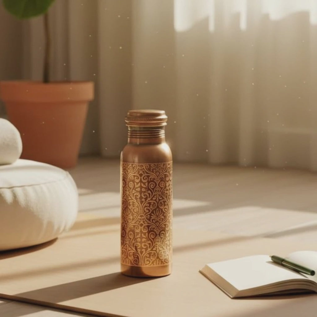 RoyalStuffs Laser Etching Antique Pure Copper Water Bottle – 1 Litre Engraved Copper Bottle