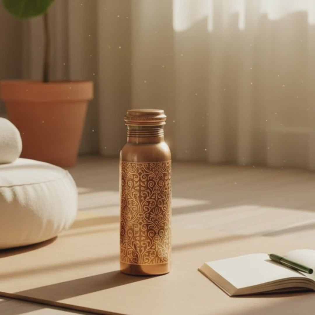RoyalStuffs Laser Etching Antique Pure Copper Water Bottle – 1 Litre Engraved Copper Bottle