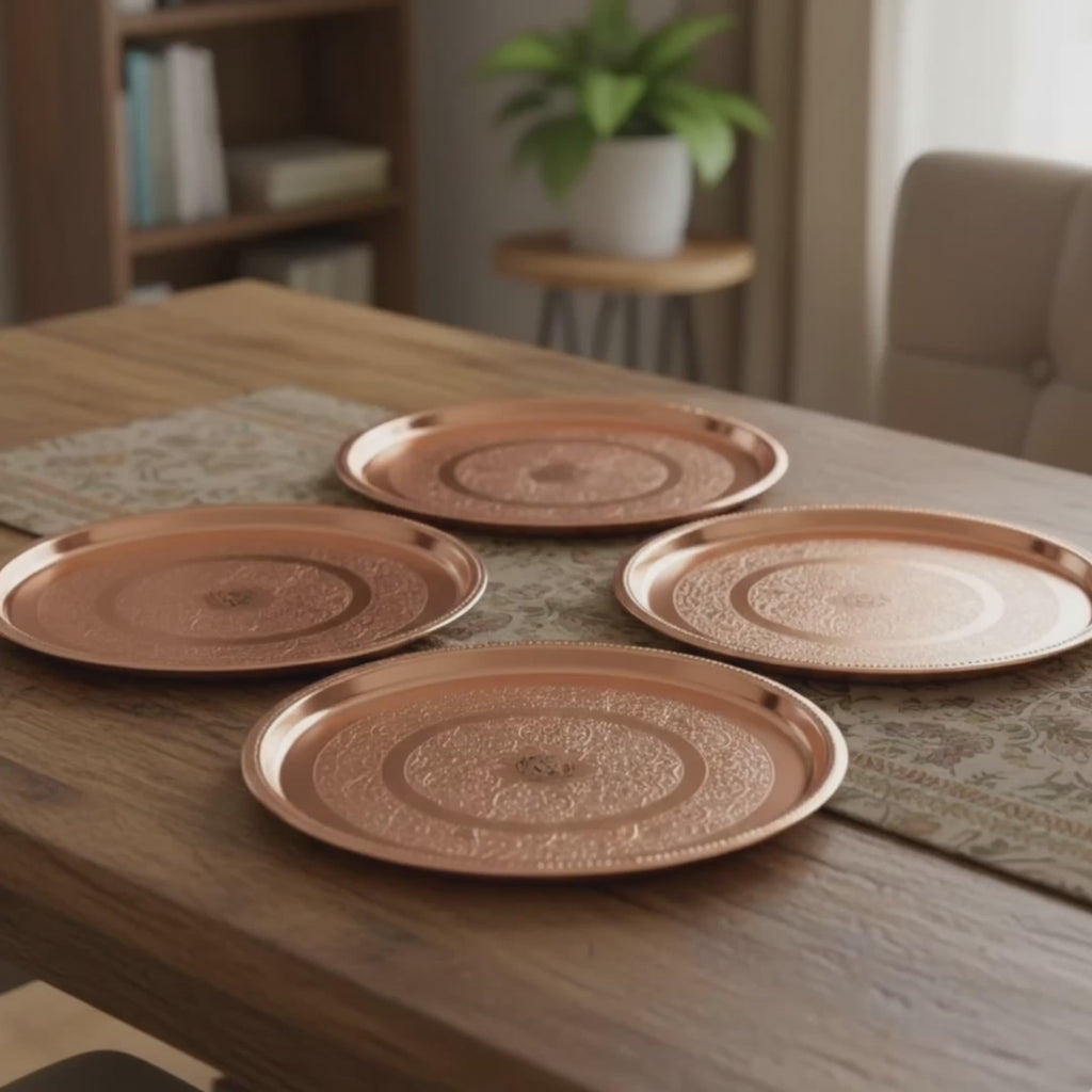 Set of 4 Pure Copper Floral Thali Plates – 12 Inch Handcrafted Copper Dinner Serving Plates