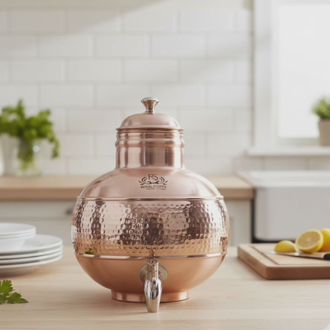 RoyalStuffs 100% Pure Copper 5 Litre Matka with Brass Tap Hand Hammered Handcrafted Copper Water Dispenser