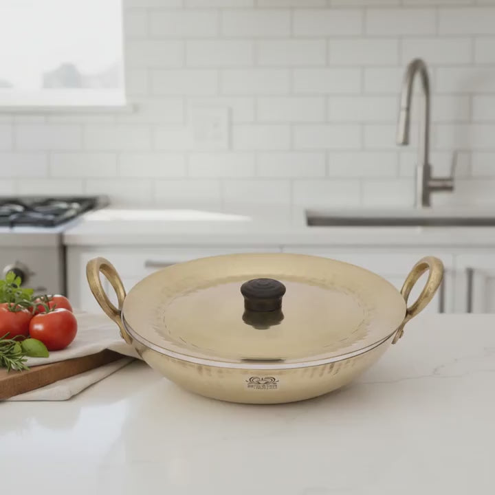 Flat Base Brass Kadhai with Lid – Tin Lined Heavy Bottom Cookware (Multiple Sizes)