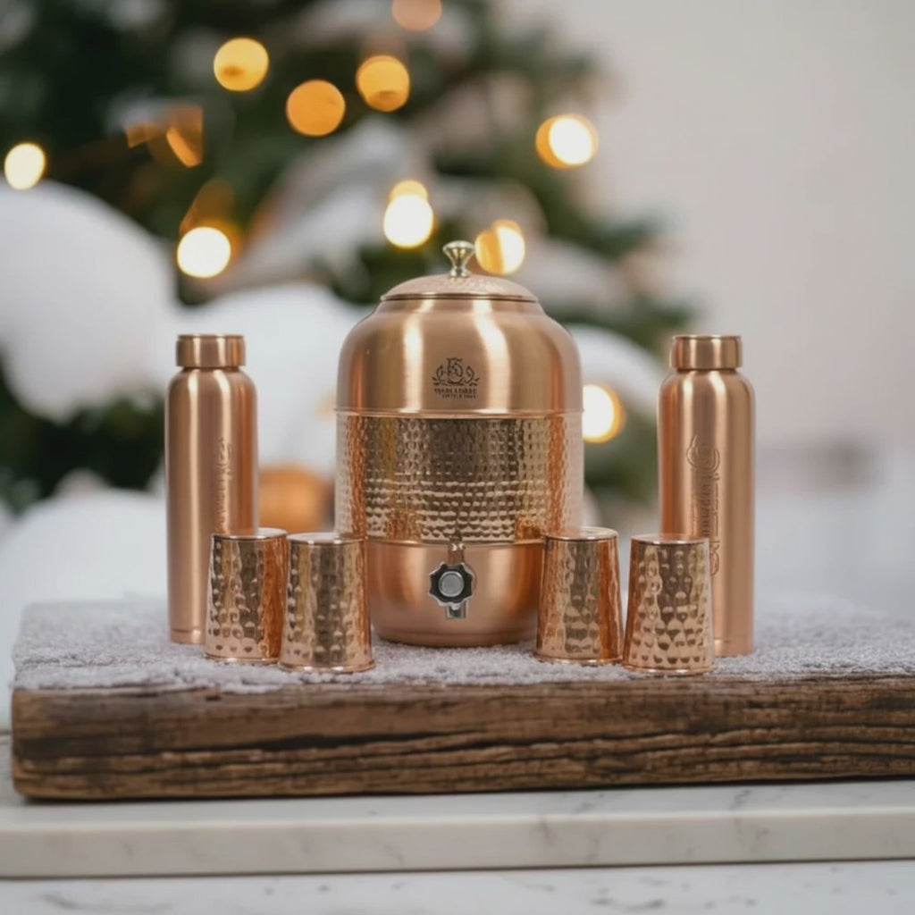 RoyalStuffs Pure Copper Water Dispenser Set – Hammered 8 Liter Copper Storage Tank with 2 Tumblers & 1 Bottle