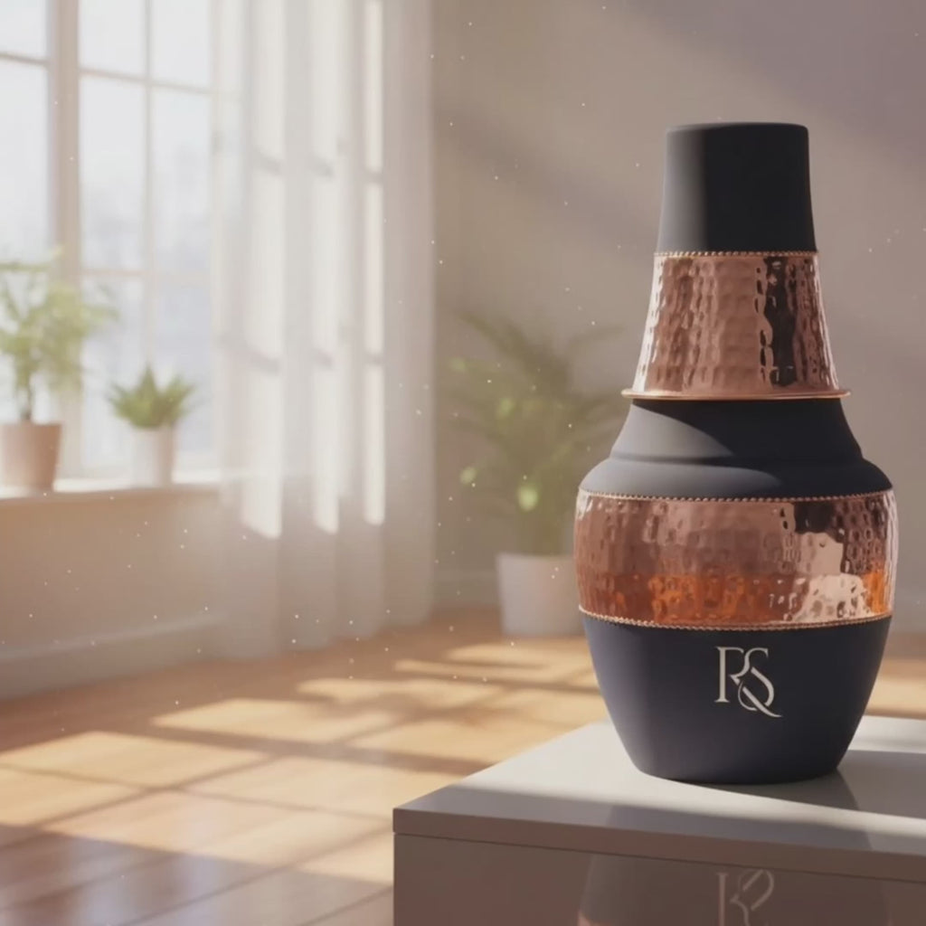 RoyalStuffs Pure Copper Water Bottle with Tumbler – Hammered Design Copper Carafe Bottle (1250 ML)
