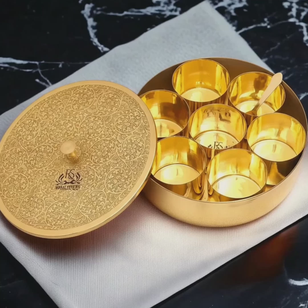 Pure Brass Spice Box (Masala Dani) Set with Lid, Spoon & 7 Containers