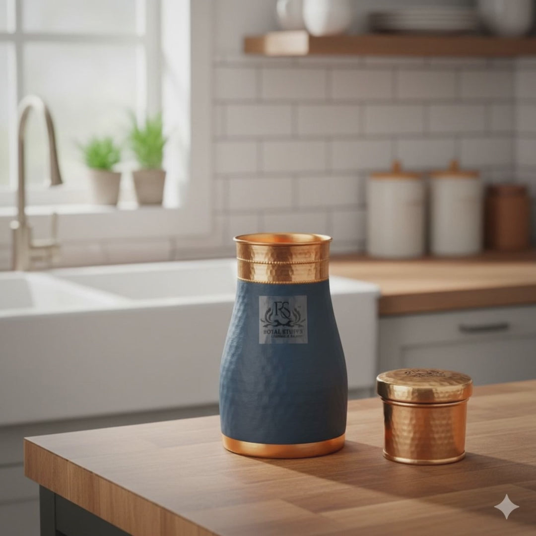 Royal Hammered Blue Copper Water Bottle – Premium Carafe Design (1000 ml)