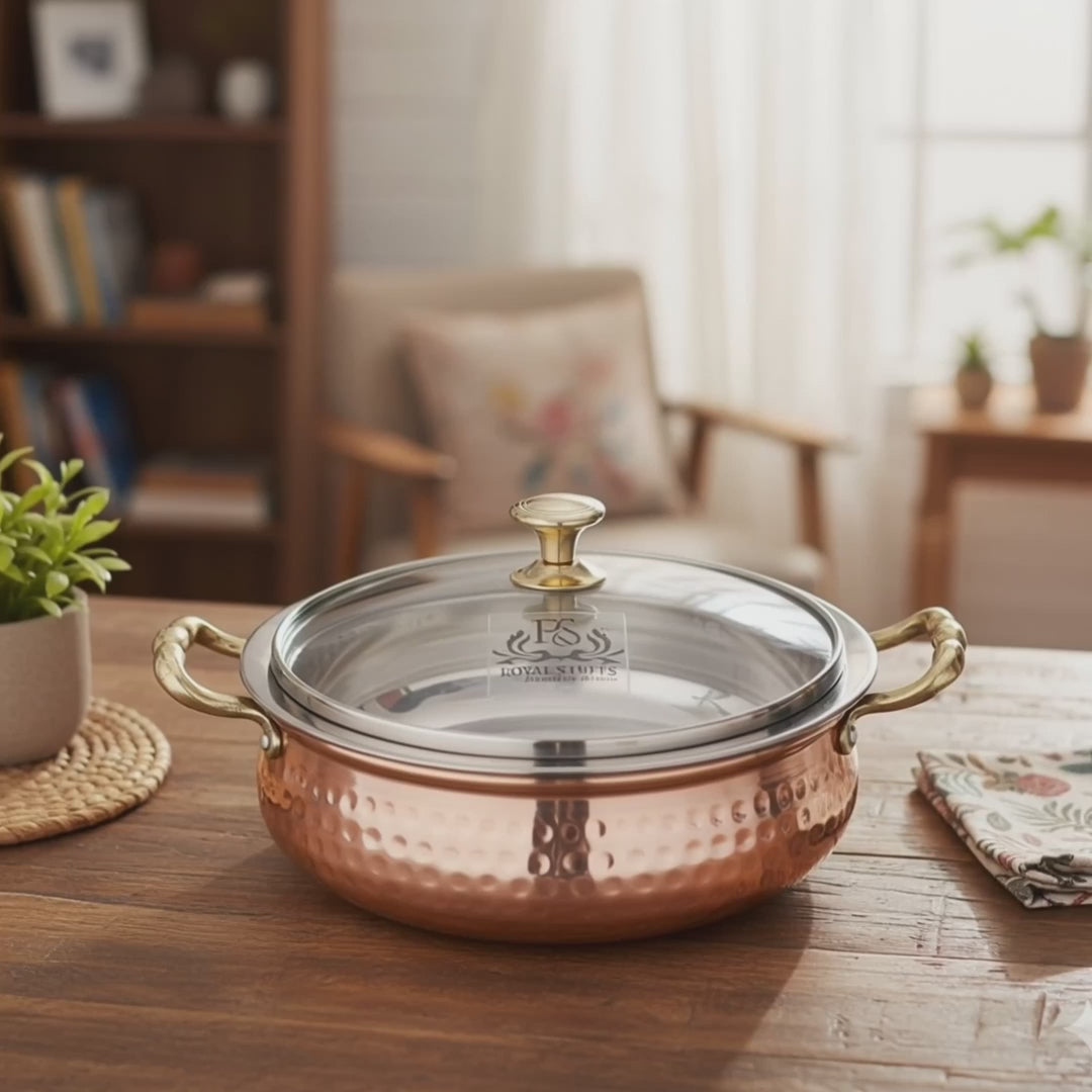 Hammered Copper Casserole with Glass Lid – Stainless Steel Serving Bowl (400 ML)
