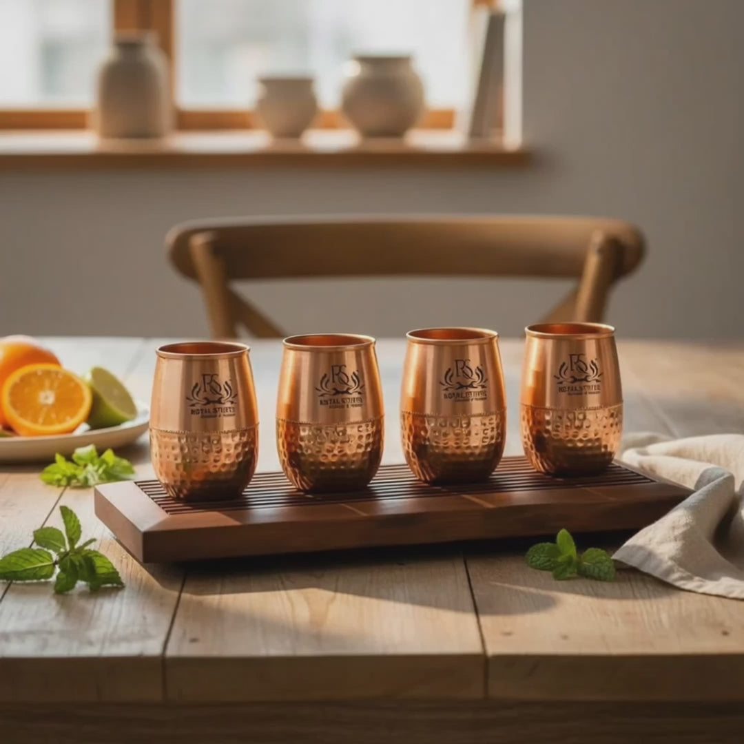 Dholak Shaped Pure Copper Water Glass Set – Handmade Drinkware Set of 4 (200 ML)
