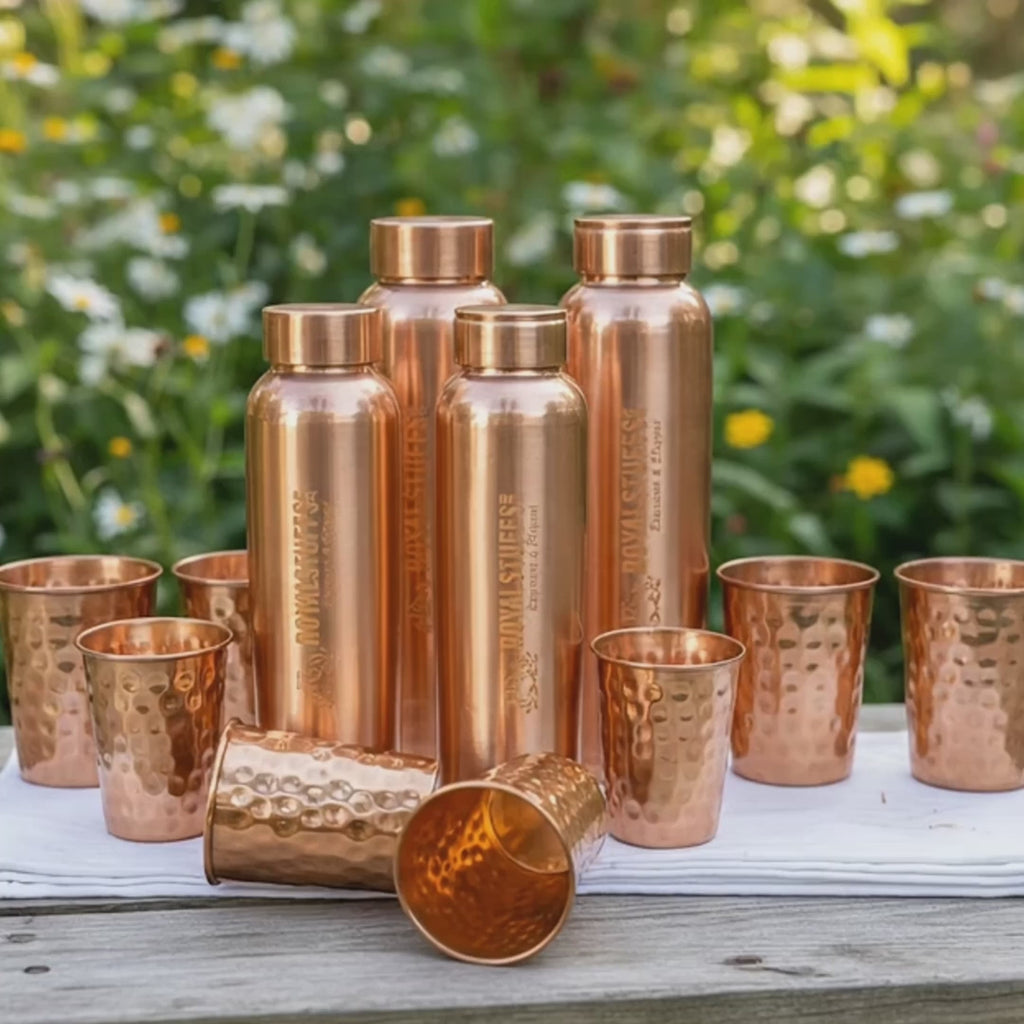 RoyalStuffs Copper Water Bottle Set – 4 Pure Copper Bottles with 8 Hammered Tumblers (900 ML)