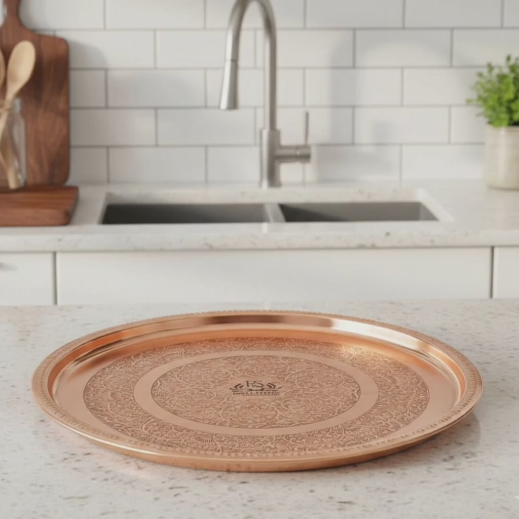 Handmade Pure Copper Plate 12 Inch – Embossed Round Serving & Dining Plate