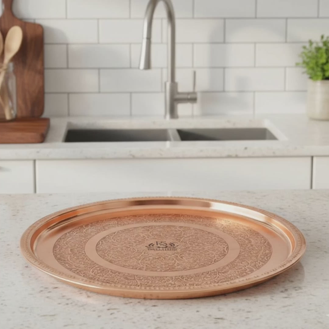 Handmade Pure Copper Plate 12 Inch – Embossed Round Serving & Dining Plate