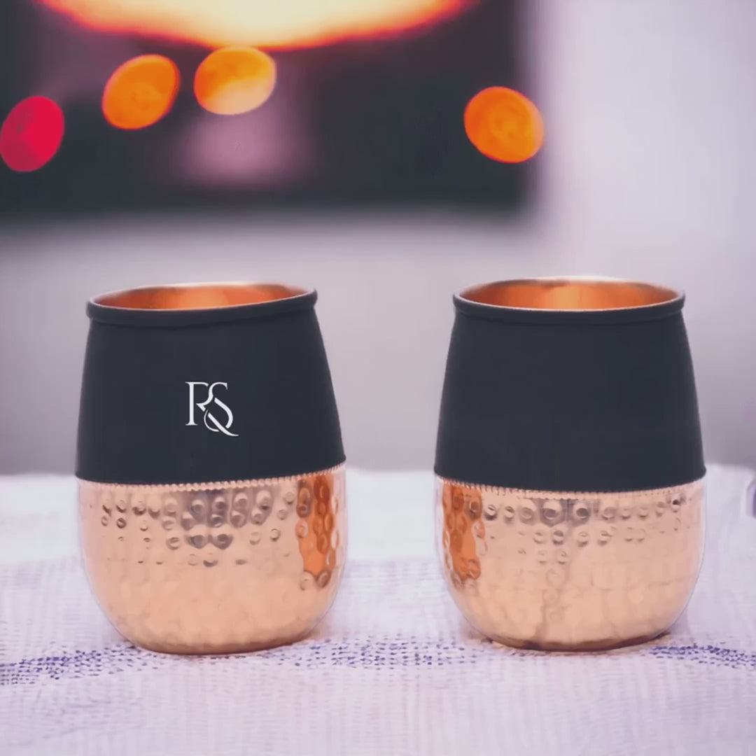 Set of 2 Silk Black Half Hammered Dholak Copper Tumblers – Pure Copper Water Glasses (250 ML)